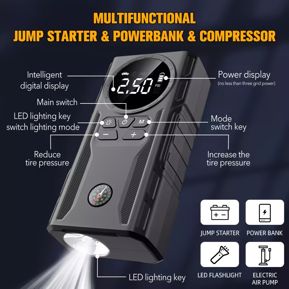 5-in-1 Portable Car Jump Starter Kit with Air Compressor, Tire Inflator, LED Flashlight & Power Bank, 3 Modes Flashlight, LCD Display - Wireless Emergency Battery Charger for On-the-Go Convenience