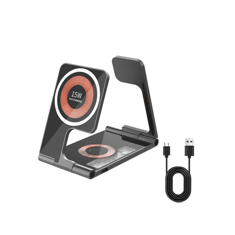 4 in 1 15W Wireless Charging Pad, Fast Charging Wireless Charger Mobile Phone Watch Headphone Wireless Charging Station Multiple Devices, Wireless Phone Charger Type C Black