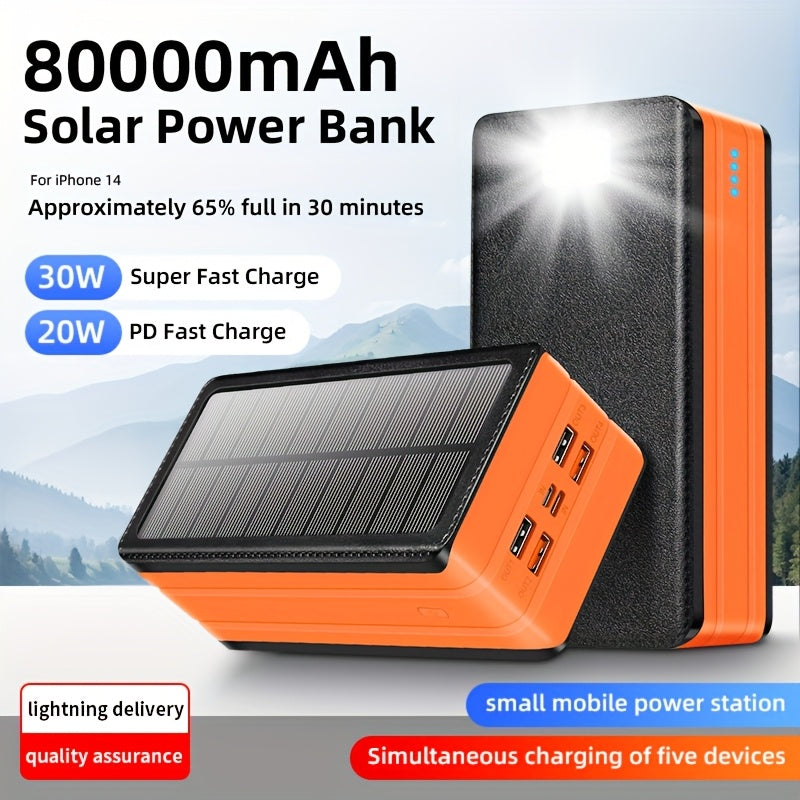 80000mAh Large Capacity, Solar Charger Power Bank, 30W Fast Charging Mobile Power, 5 Outputs And 2 Inputs, LED Flashlight SOS/Flashlight/Warning Lights, Portable Charger, Suitable for Outdoor Camping And Wilderness Survival Gear