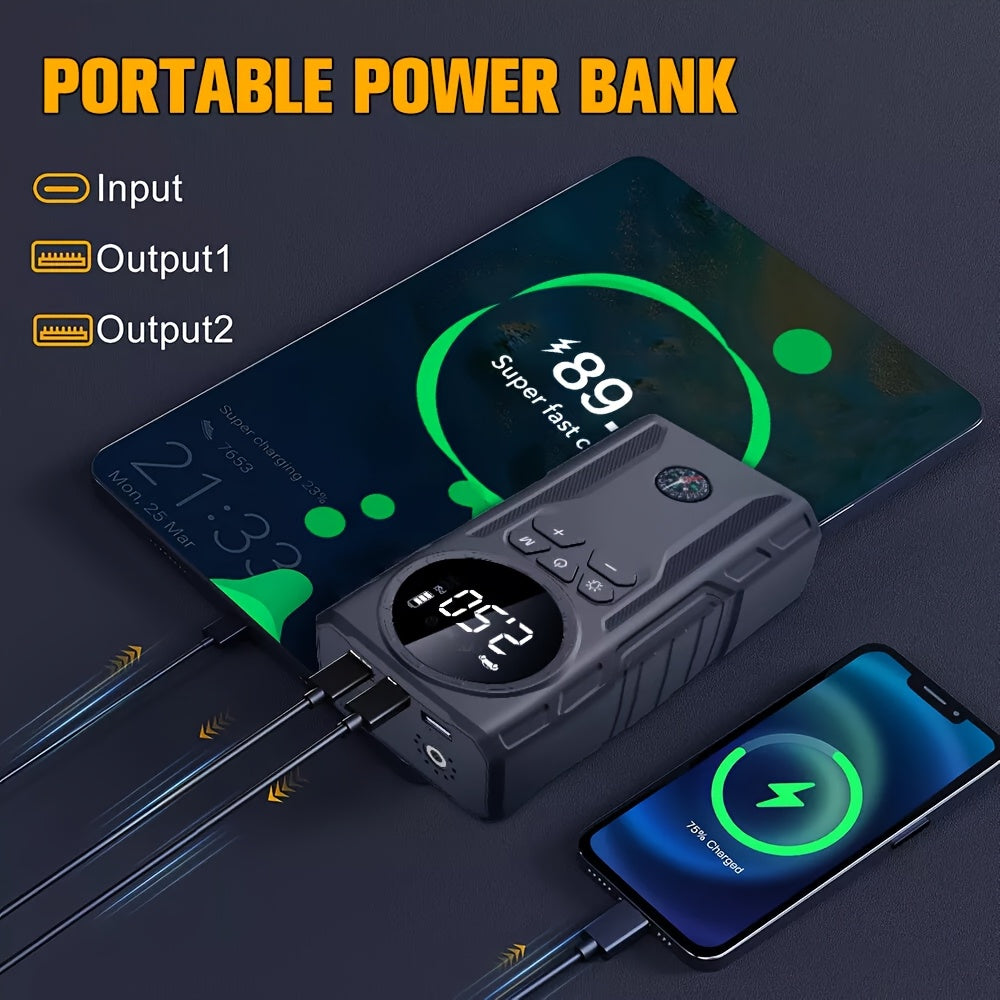 5-in-1 Portable Car Jump Starter Kit with Air Compressor, Tire Inflator, LED Flashlight & Power Bank, 3 Modes Flashlight, LCD Display - Wireless Emergency Battery Charger for On-the-Go Convenience