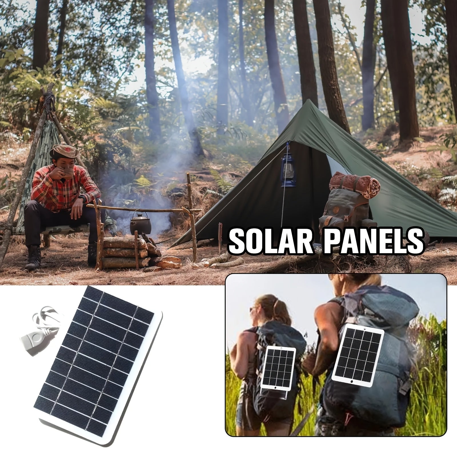 Solar Portable Charging Panel Outdoor Solar USB Charger Suitable for Outdoor Travel And Camping, Mobile Power, Mobile Phone Charging Bank, Flashlight, Fan