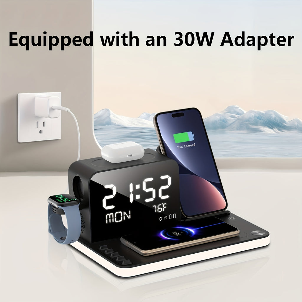 7in 1 Dual Phone Wireless Charging Station with Night Light S1, Phone Holder, Phone Time Sync, Time Week Temperature Display, 30W Adapter for iPhone, AirPods And for iWatch Fast Charging Dock with USB C And USB A Wired Output