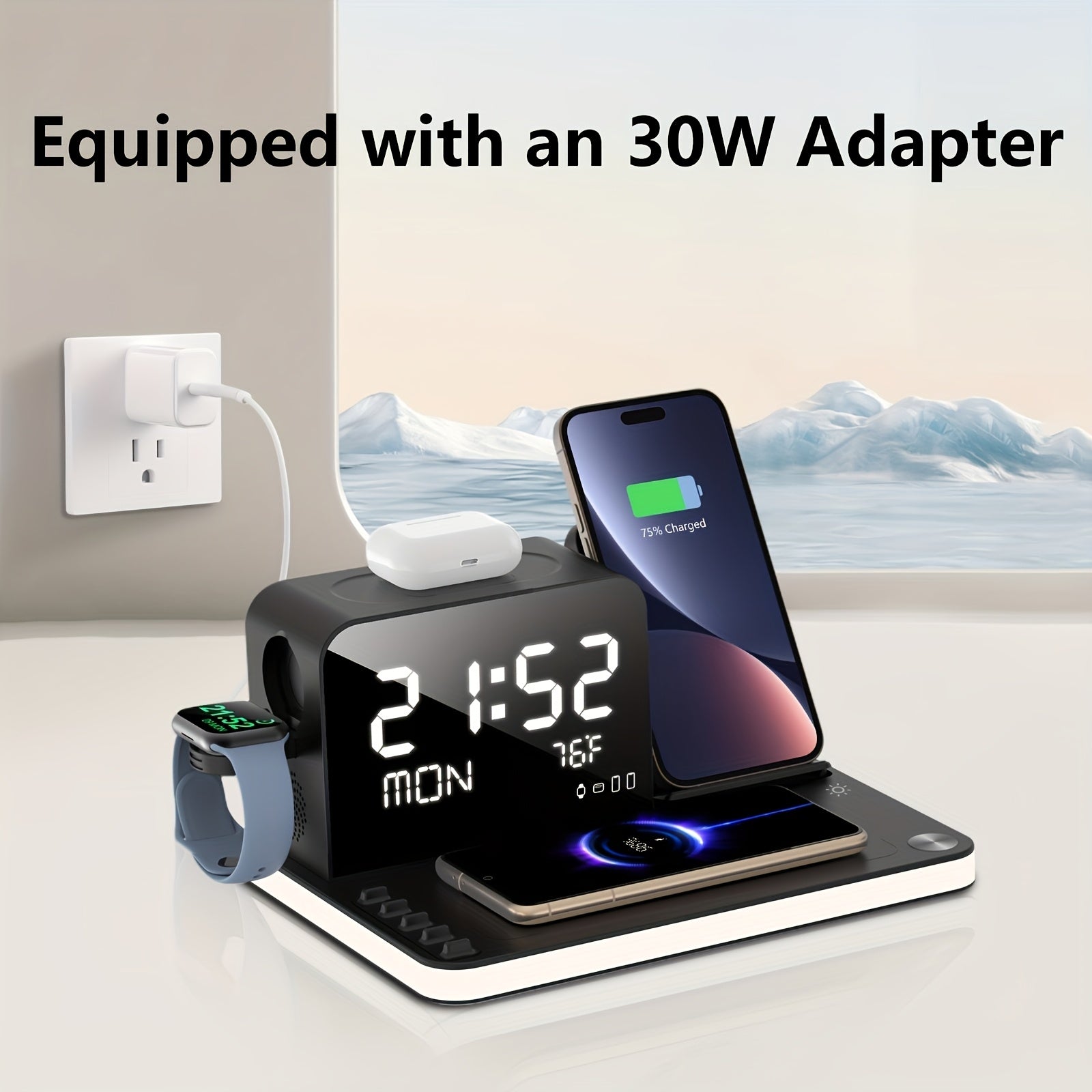 7in 1 Dual Phone Wireless Charging Station with Night Light S1, Phone Holder, Phone Time Sync, Time Week Temperature Display, 30W Adapter for iPhone, AirPods And for iWatch Fast Charging Dock with USB C And USB A Wired Output