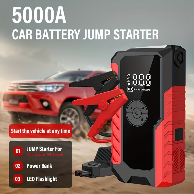 5000A Portable Wireless Car Jump Starter with Air Compressor - 20000mAh Lithium-Polymer Battery, Fast Charging USB-C Power Bank (12A Output), LED Flashlight, for 12V Cars, Trucks, SUVs, Motorcycles - Emergency Light & Inflator Pump in One - Compatible