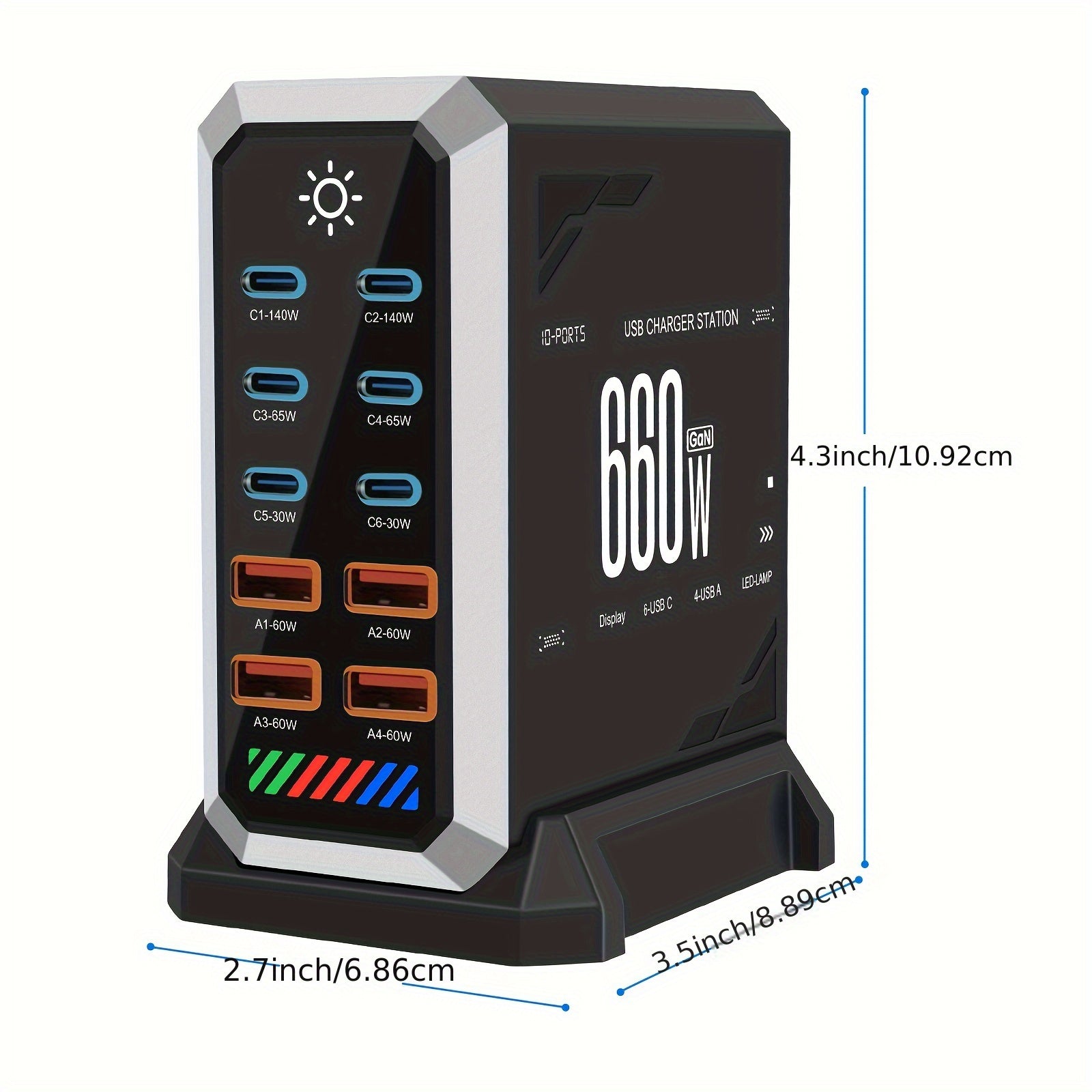 660W Fast USB C GaN III Pro Charger Block, 10 Port Charging Station, Dual 140W PD3.1 PPS Fast Charging Station, Suitable for Multi Device Laptop Wall Chargers, Suitable for MacBook/for iPhone 16/for iPad, Etc, Multidevice Charging, Home Office Charger,