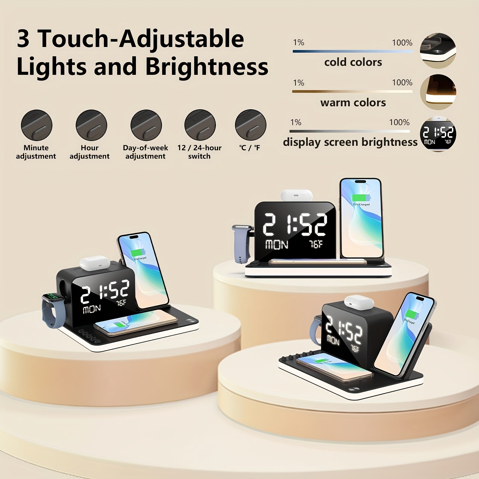 7in 1 Dual Phone Wireless Charging Station with Night Light S1, Phone Holder, Phone Time Sync, Time Week Temperature Display, 30W Adapter for iPhone, AirPods And for iWatch Fast Charging Dock with USB C And USB A Wired Output