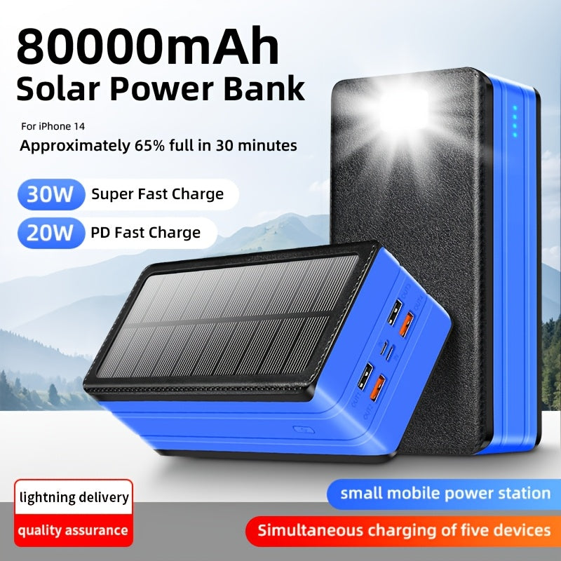 80000mAh Large Capacity, Solar Charger Power Bank, 30W Fast Charging Mobile Power, 5 Outputs And 2 Inputs, LED Flashlight SOS/Flashlight/Warning Lights, Portable Charger, Suitable for Outdoor Camping And Wilderness Survival Gear
