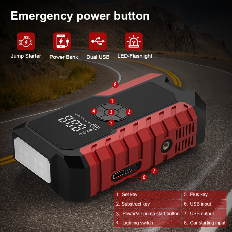 5000A Portable Wireless Car Jump Starter with Air Compressor - 20000mAh Lithium-Polymer Battery, Fast Charging USB-C Power Bank (12A Output), LED Flashlight, for 12V Cars, Trucks, SUVs, Motorcycles - Emergency Light & Inflator Pump in One - Compatible