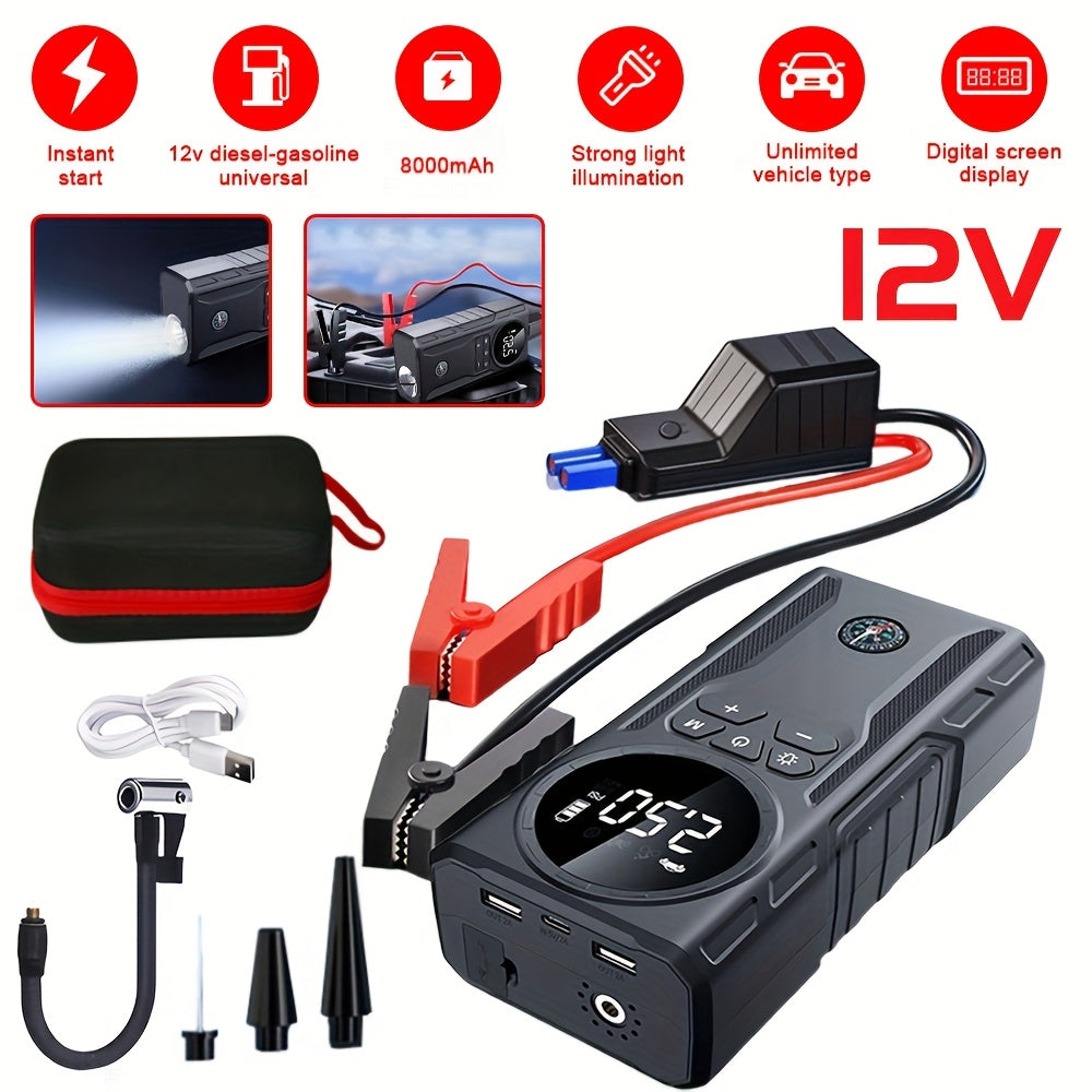 5-in-1 Portable Car Jump Starter Kit with Air Compressor, Tire Inflator, LED Flashlight & Power Bank, 3 Modes Flashlight, LCD Display - Wireless Emergency Battery Charger for On-the-Go Convenience