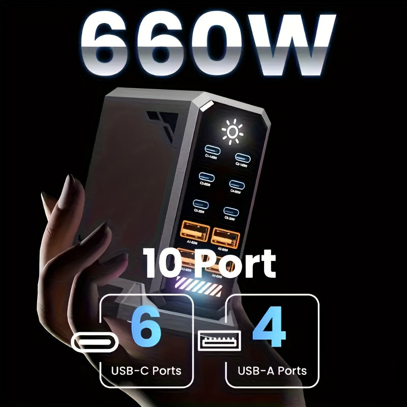 660W Fast USB C GaN III Pro Charger Block, 10 Port Charging Station, Dual 140W PD3.1 PPS Fast Charging Station, Suitable for Multi Device Laptop Wall Chargers, Suitable for MacBook/for iPhone 16/for iPad, Etc, Multidevice Charging, Home Office Charger,