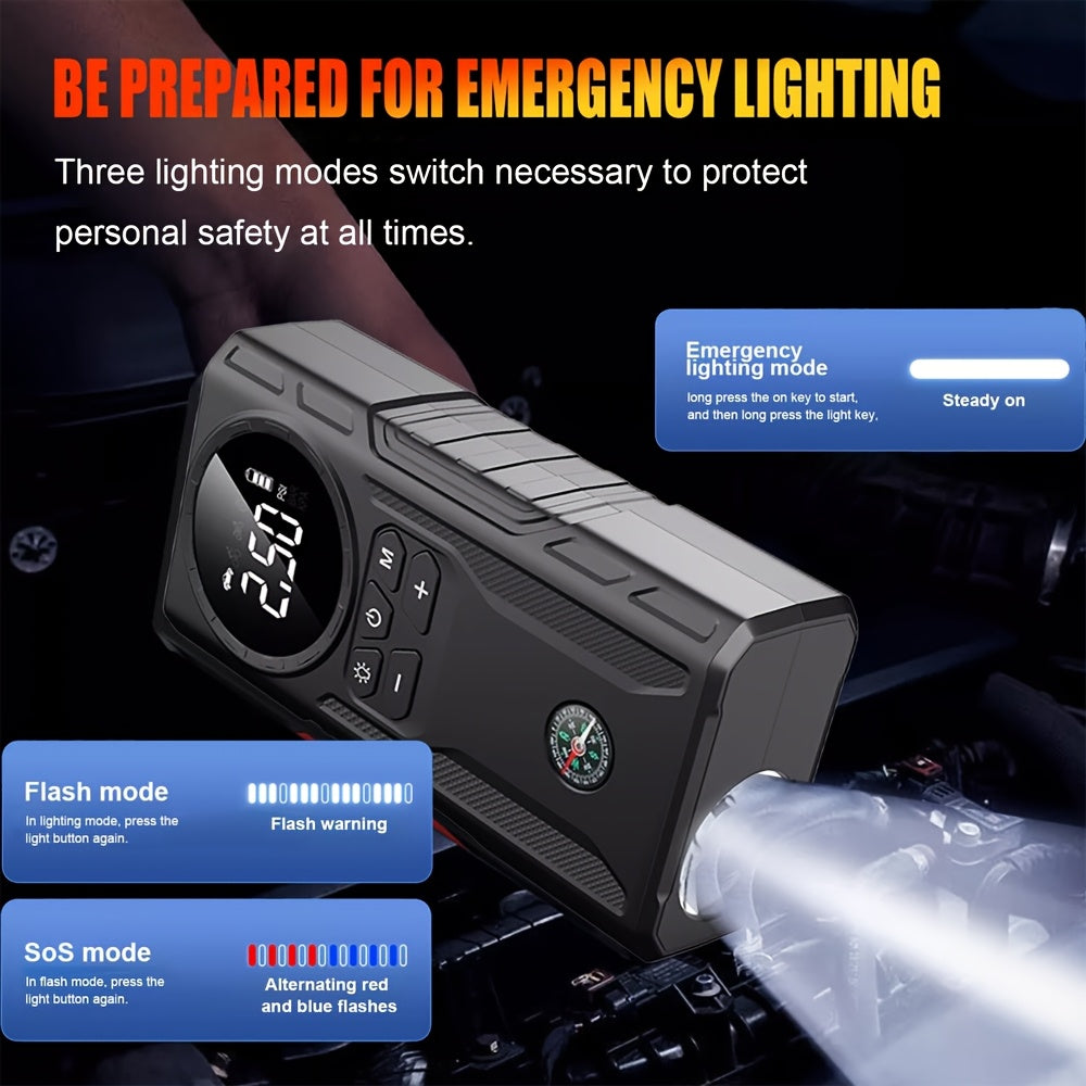 5-in-1 Portable Car Jump Starter Kit with Air Compressor, Tire Inflator, LED Flashlight & Power Bank, 3 Modes Flashlight, LCD Display - Wireless Emergency Battery Charger for On-the-Go Convenience
