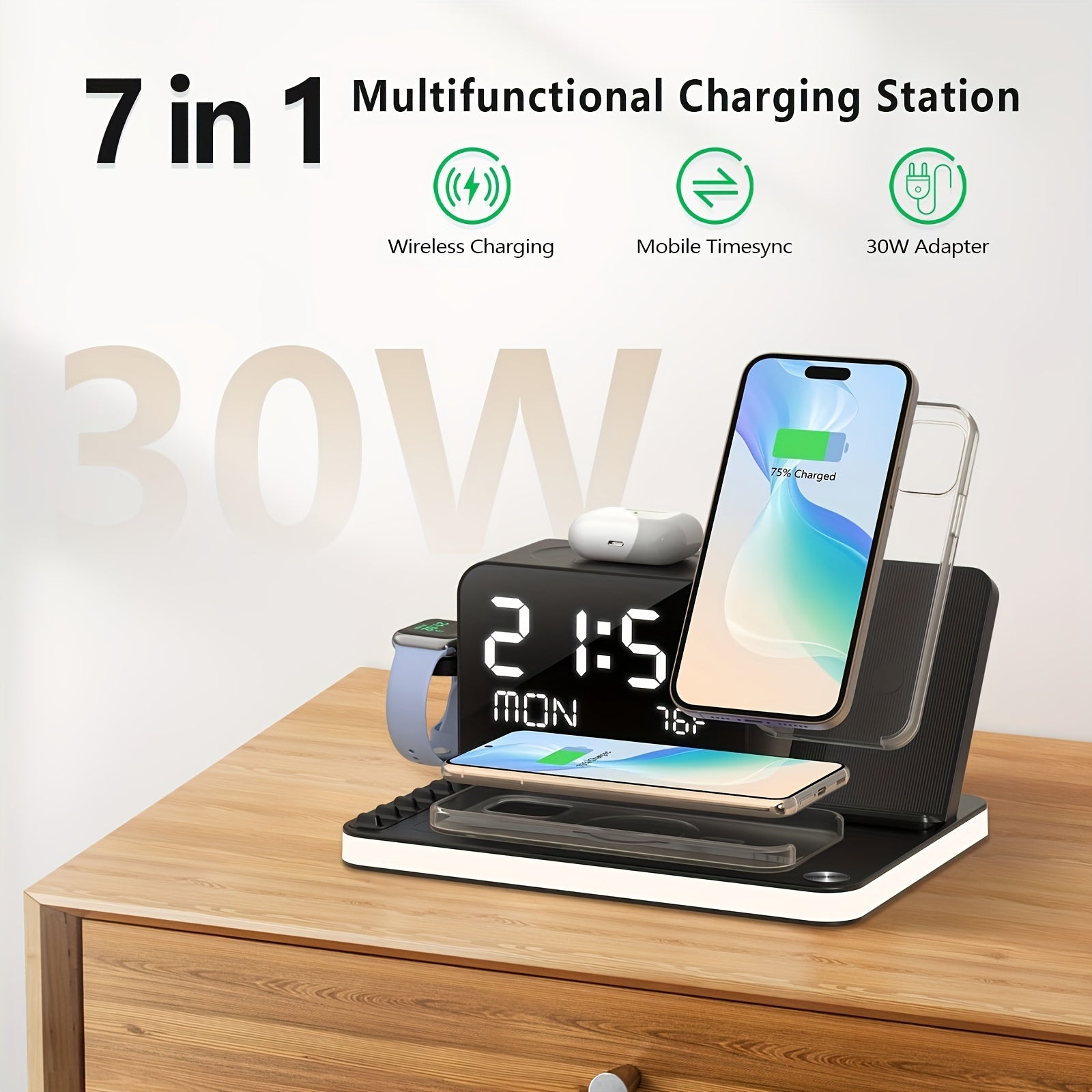 7in 1 Dual Phone Wireless Charging Station with Night Light S1, Phone Holder, Phone Time Sync, Time Week Temperature Display, 30W Adapter for iPhone, AirPods And for iWatch Fast Charging Dock with USB C And USB A Wired Output