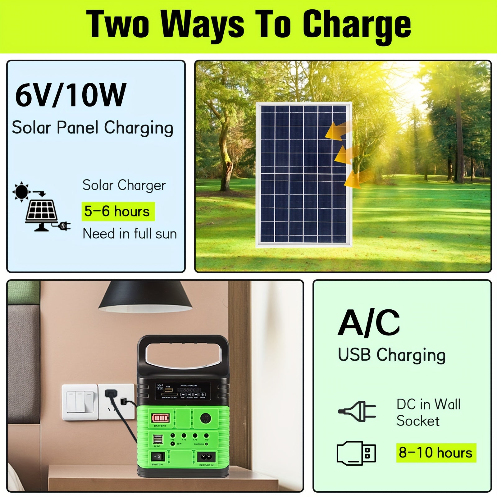 Portable Solar Generator Kit 10000mAh Lithium Battery + 10W Solar Panel | 3 LED Lights Included | USB 5V 2A + DC 3.7V Outputs Lighting & Charging| Emergency Backup, Camping, Outdoor
