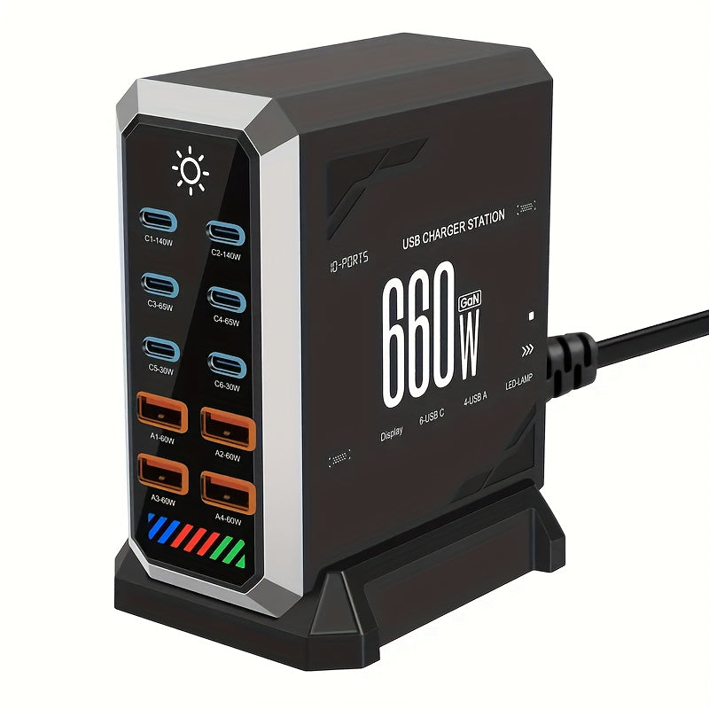660W Fast USB C GaN III Pro Charger Block, 10 Port Charging Station, Dual 140W PD3.1 PPS Fast Charging Station, Suitable for Multi Device Laptop Wall Chargers, Suitable for MacBook/for iPhone 16/for iPad, Etc, Multidevice Charging, Home Office Charger,