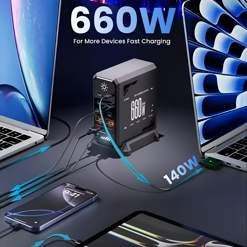 660W Fast USB C GaN III Pro Charger Block, 10 Port Charging Station, Dual 140W PD3.1 PPS Fast Charging Station, Suitable for Multi Device Laptop Wall Chargers, Suitable for MacBook/for iPhone 16/for iPad, Etc, Multidevice Charging, Home Office Charger,
