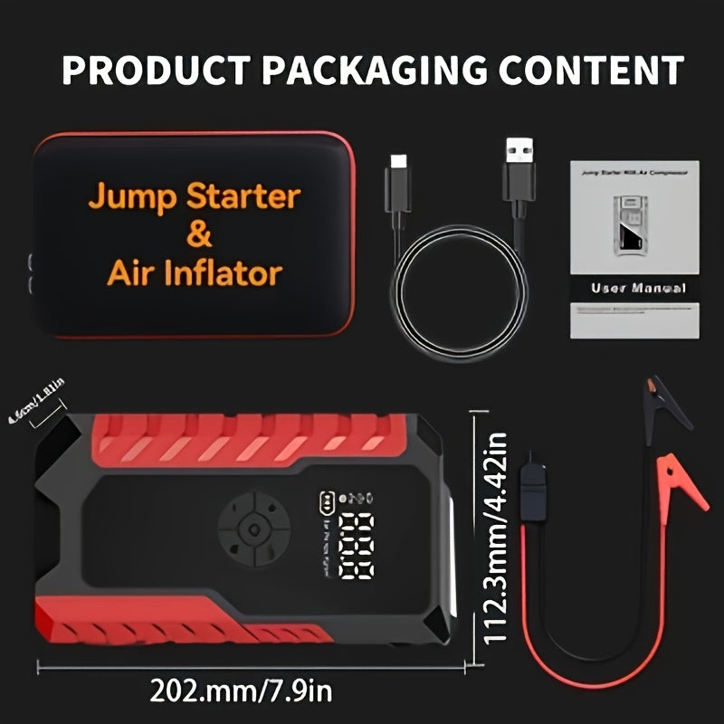 5000A Portable Wireless Car Jump Starter with Air Compressor - 20000mAh Lithium-Polymer Battery, Fast Charging USB-C Power Bank (12A Output), LED Flashlight, for 12V Cars, Trucks, SUVs, Motorcycles - Emergency Light & Inflator Pump in One - Compatible