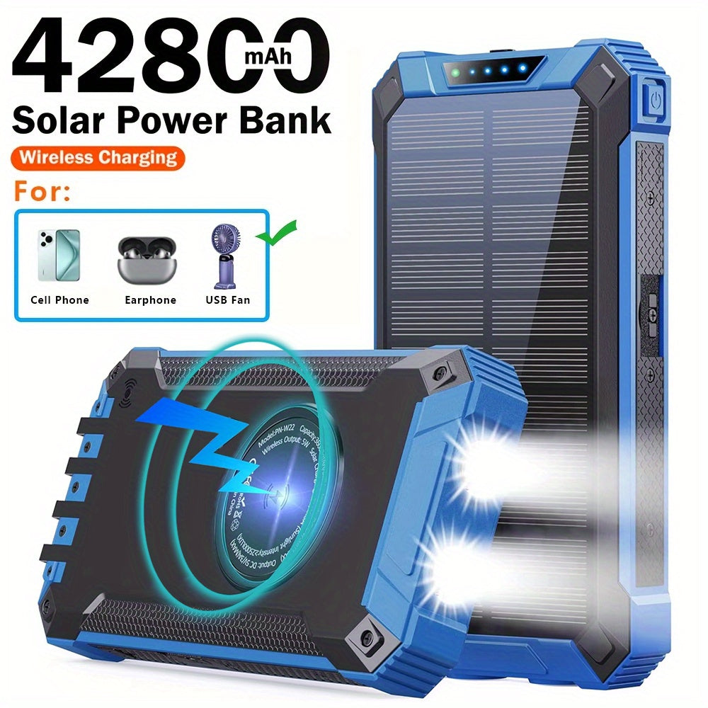 42800mAh Solar Mobile Power Bank Wireless Charger Built-in 4 Cables Six Outputs 15W Fast Charging Mobile Power Bank Suitable For All Mobile Devices Three Inputs With Dual Flashlights Solar Charger