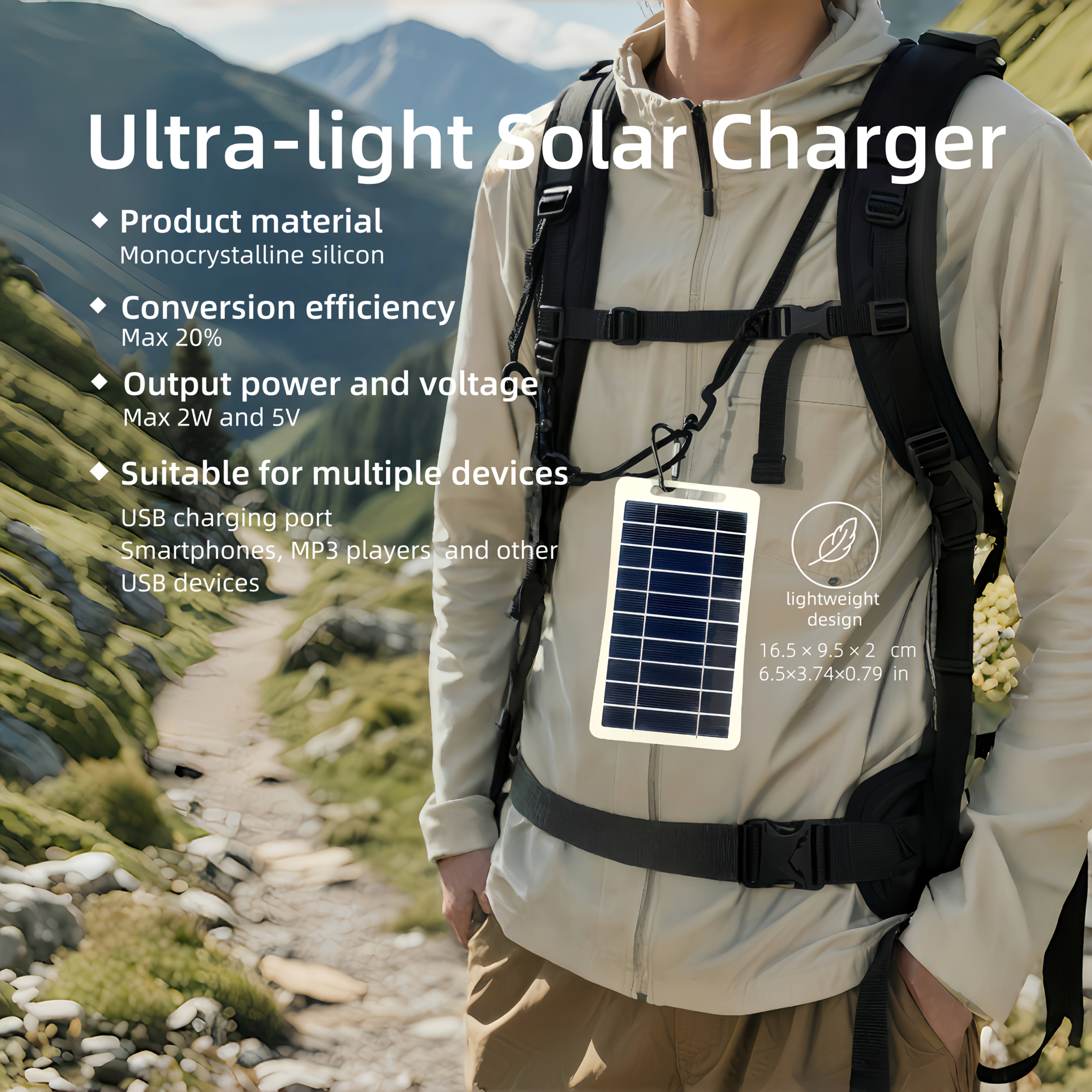 A Portable Outdoor Solar USB Charger, Suitable for Travel And Camping, with a Movable Solar Panel That Can Charge Phones, Flashlights And Fans, And Is Convenient for Taking Pets on Adventures.