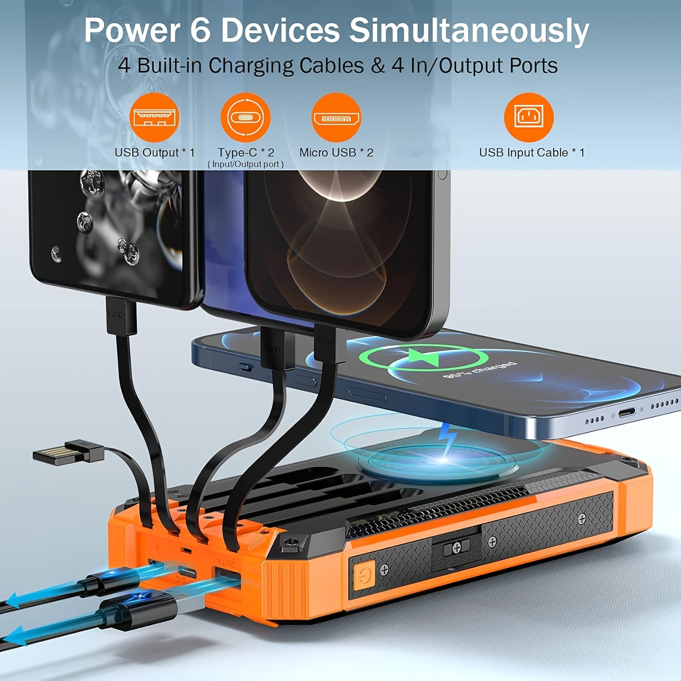 42800mAh Solar Mobile Power Bank Wireless Charger Built-in 4 Cables Six Outputs 15W Fast Charging Mobile Power Bank Suitable For All Mobile Devices Three Inputs With Dual Flashlights Solar Charger