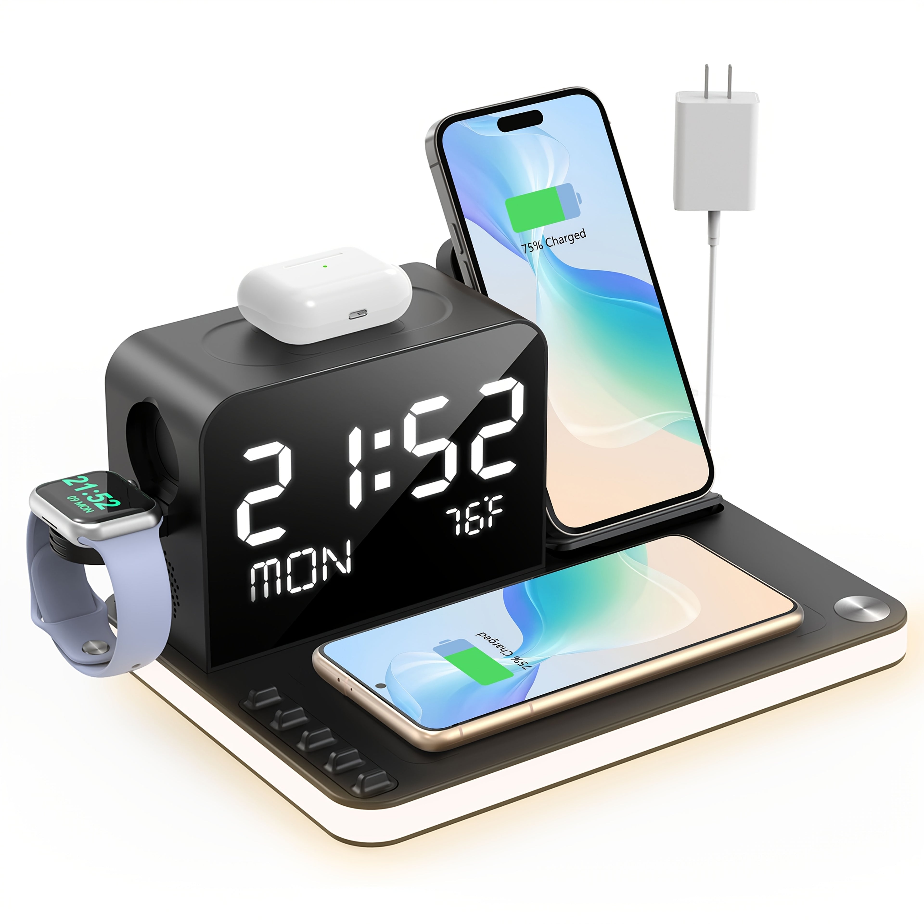 7in 1 Dual Phone Wireless Charging Station with Night Light S1, Phone Holder, Phone Time Sync, Time Week Temperature Display, 30W Adapter for iPhone, AirPods And for iWatch Fast Charging Dock with USB C And USB A Wired Output