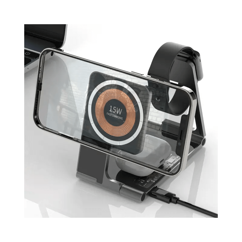 4 in 1 15W Wireless Charging Pad, Fast Charging Wireless Charger Mobile Phone Watch Headphone Wireless Charging Station Multiple Devices, Wireless Phone Charger Type C Black