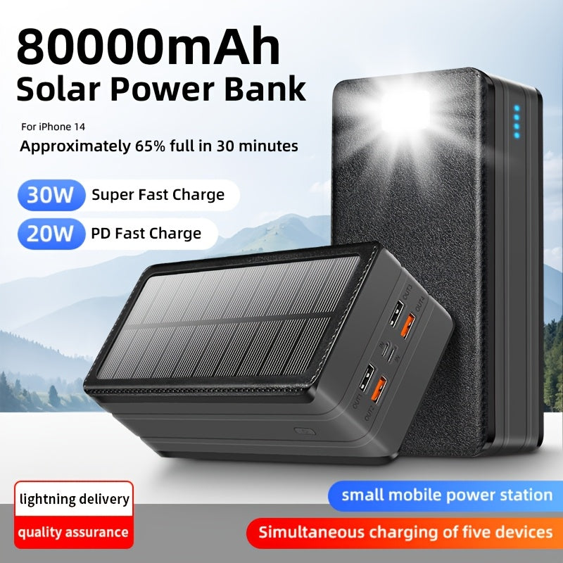 80000mAh Large Capacity, Solar Charger Power Bank, 30W Fast Charging Mobile Power, 5 Outputs And 2 Inputs, LED Flashlight SOS/Flashlight/Warning Lights, Portable Charger, Suitable for Outdoor Camping And Wilderness Survival Gear